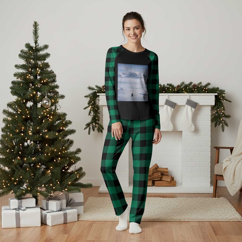 Funny Nihilist Penguin But Why Meme Plaid Pajama Set Existential Arctic Scene Icy Wilderness Quiet Thinkers TS02 Green Plaid Print Your Wear