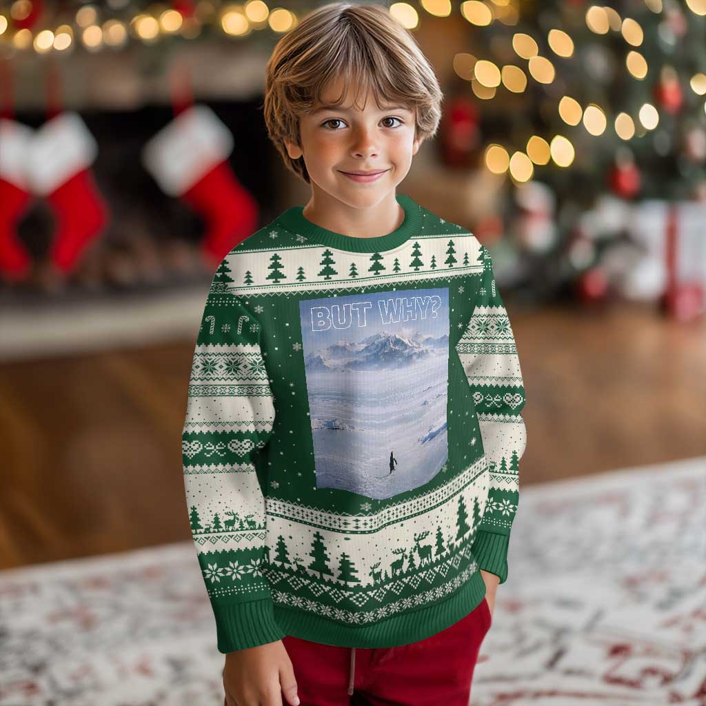 Funny Nihilist Penguin But Why Meme Ugly Christmas Sweater Existential Arctic Scene Icy Wilderness Quiet Thinkers TS02 Forest Green Beige Print Your Wear