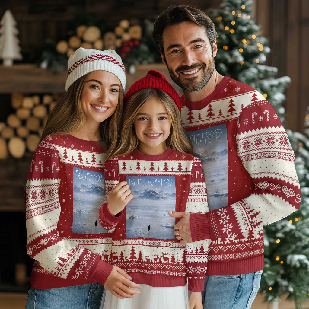 Funny Nihilist Penguin But Why Meme Ugly Christmas Sweater Existential Arctic Scene Icy Wilderness Quiet Thinkers TS02 Red Beige Print Your Wear
