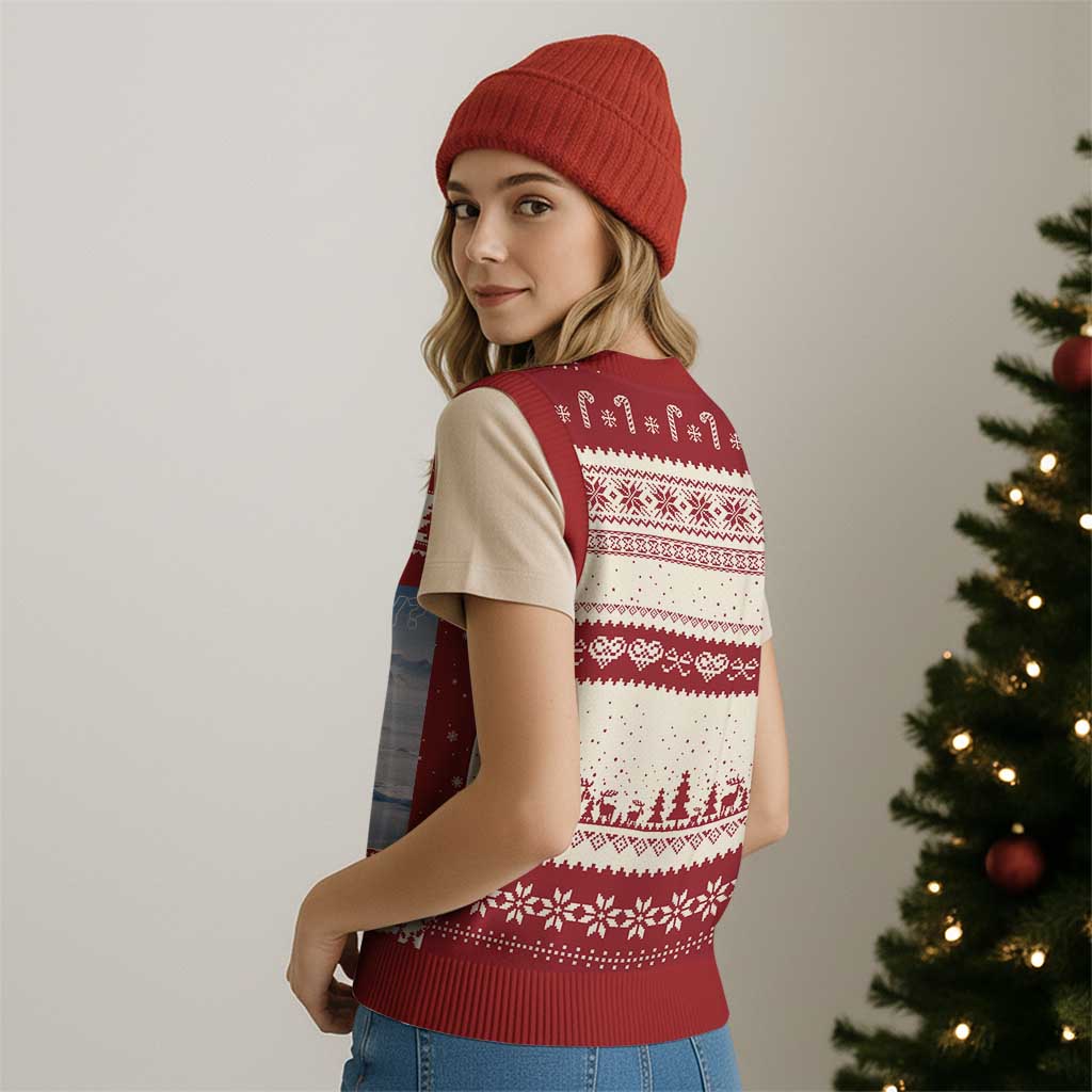 Funny Nihilist Penguin But Why Meme V-Neck Knit Sweater Vest Existential Arctic Scene Icy Wilderness Quiet Thinkers TS02 Print Your Wear