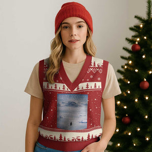 Funny Nihilist Penguin But Why Meme V-Neck Knit Sweater Vest Existential Arctic Scene Icy Wilderness Quiet Thinkers TS02 Red Beige Print Your Wear