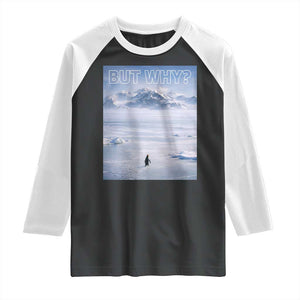 Funny Nihilist Penguin But Why Meme Raglan Shirt Existential Arctic Scene Icy Wilderness Quiet Thinkers TS02 Black White Print Your Wear