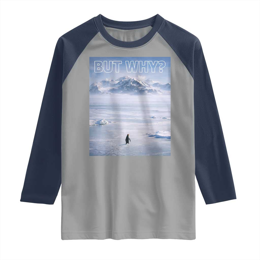 Funny Nihilist Penguin But Why Meme Raglan Shirt Existential Arctic Scene Icy Wilderness Quiet Thinkers TS02 Sport Gray Navy Print Your Wear