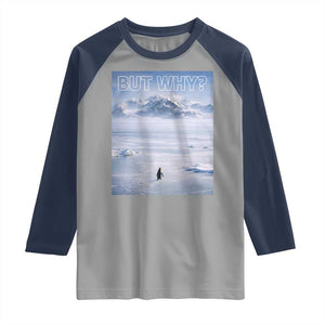 Funny Nihilist Penguin But Why Meme Raglan Shirt Existential Arctic Scene Icy Wilderness Quiet Thinkers TS02 Sport Gray Navy Print Your Wear
