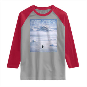 Funny Nihilist Penguin But Why Meme Raglan Shirt Existential Arctic Scene Icy Wilderness Quiet Thinkers TS02 Sport Gray Red Print Your Wear