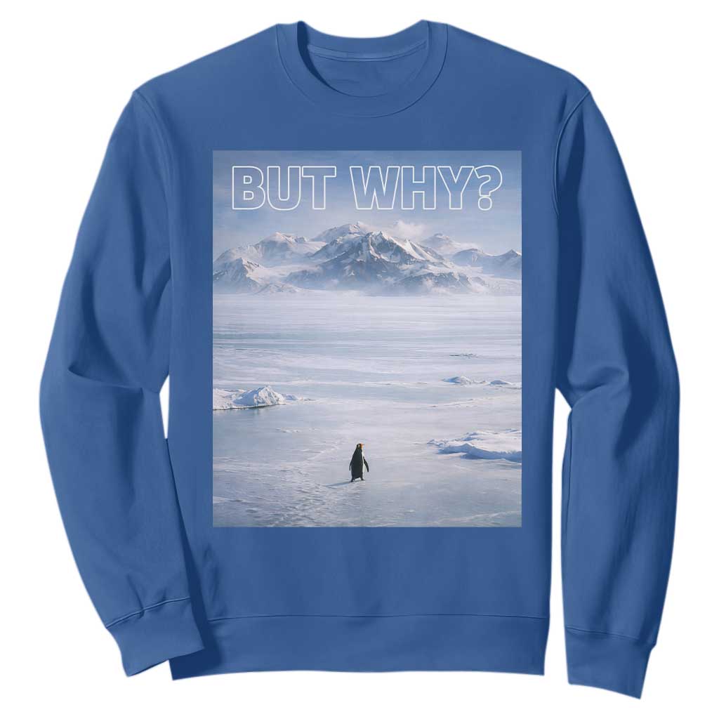 Funny Nihilist Penguin But Why Meme Sweatshirt Existential Arctic Scene Icy Wilderness Quiet Thinkers TS02 Royal Blue Print Your Wear