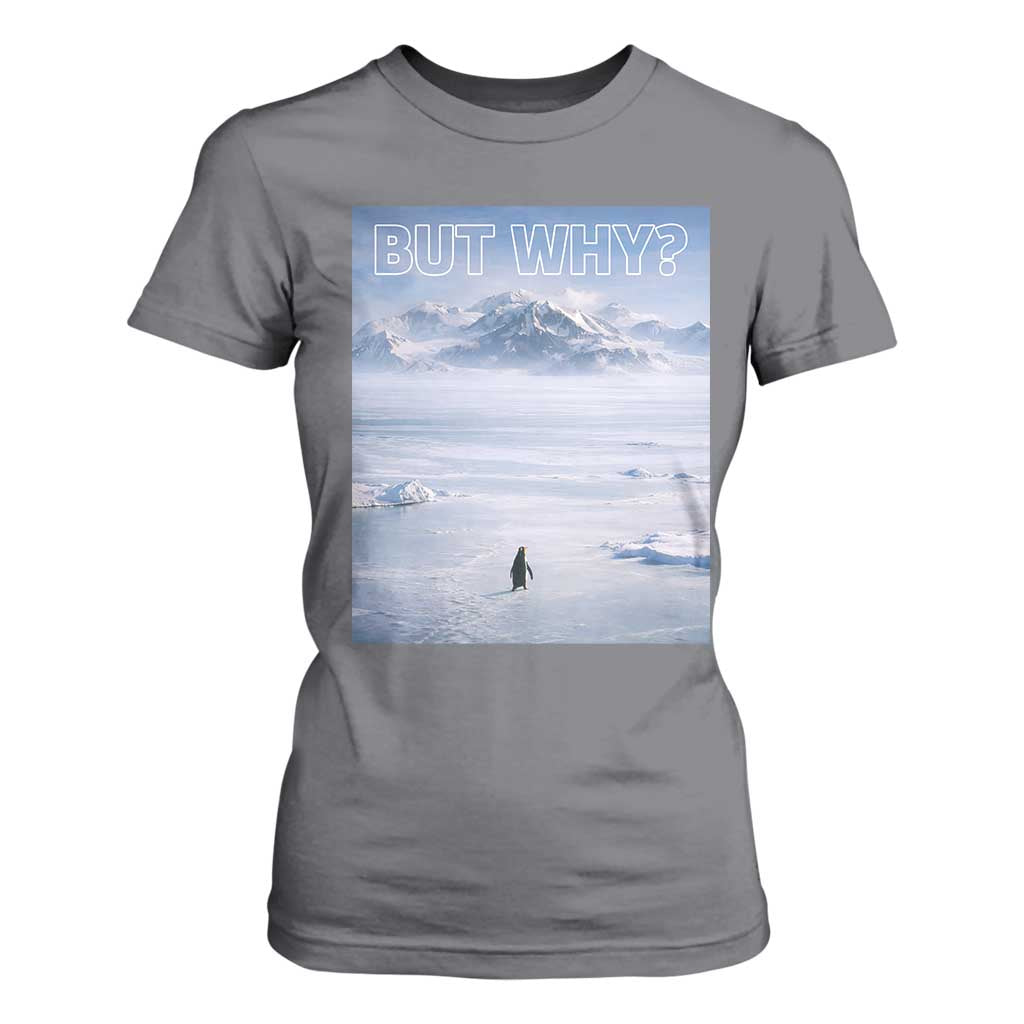 Funny Nihilist Penguin But Why Meme T Shirt For Women Existential Arctic Scene Icy Wilderness Quiet Thinkers TS02 Charcoal Print Your Wear