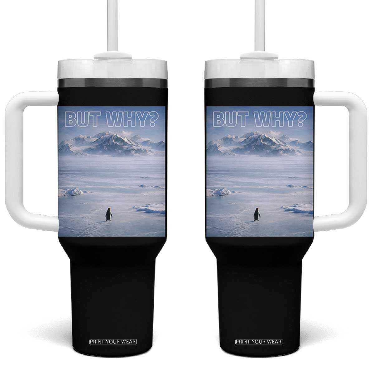 Funny Nihilist Penguin But Why Meme Tumbler With Handle Existential Arctic Scene Icy Wilderness Quiet Thinkers TS02 One Size: 40 oz Black Print Your Wear