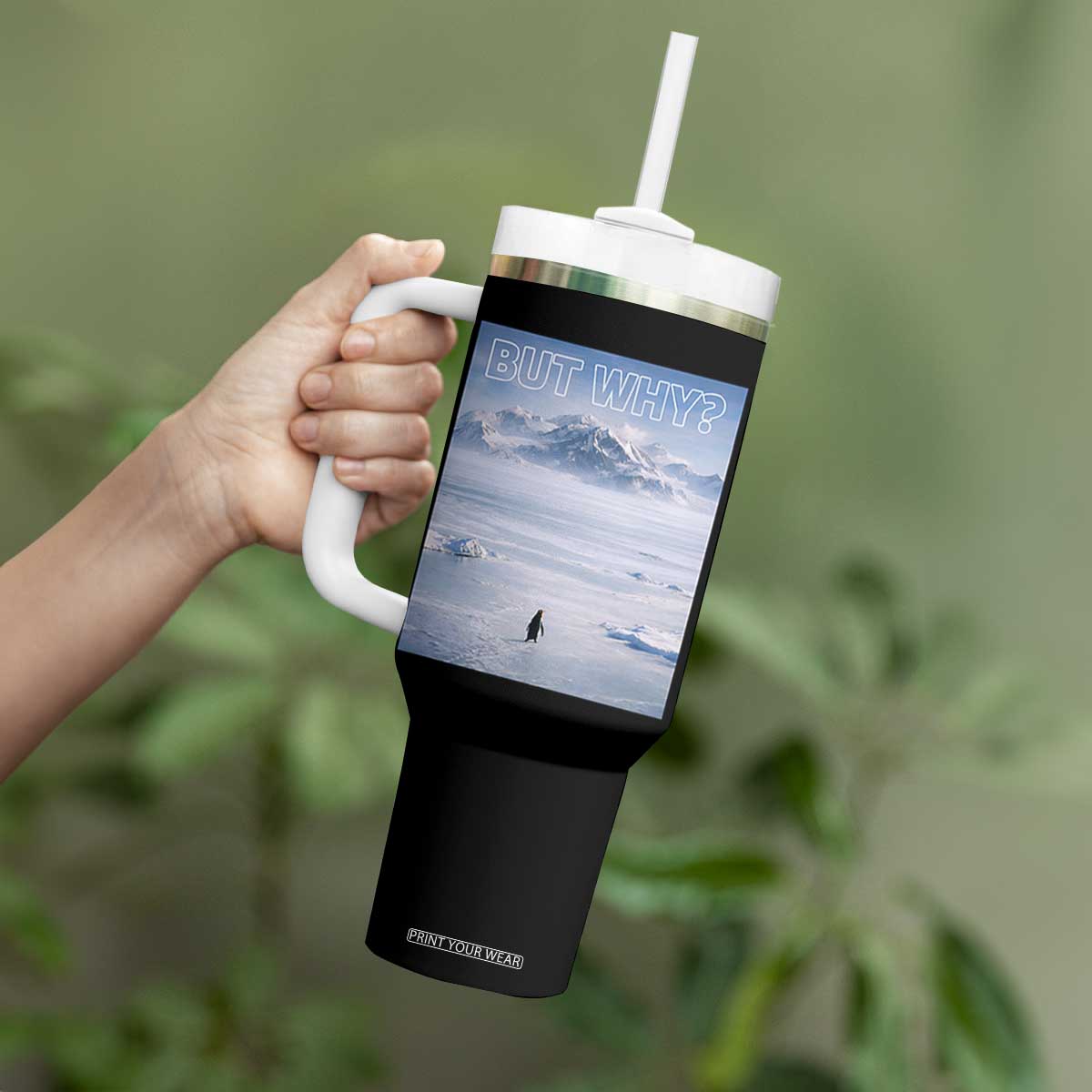 Funny Nihilist Penguin But Why Meme Tumbler With Handle Existential Arctic Scene Icy Wilderness Quiet Thinkers TS02 Print Your Wear