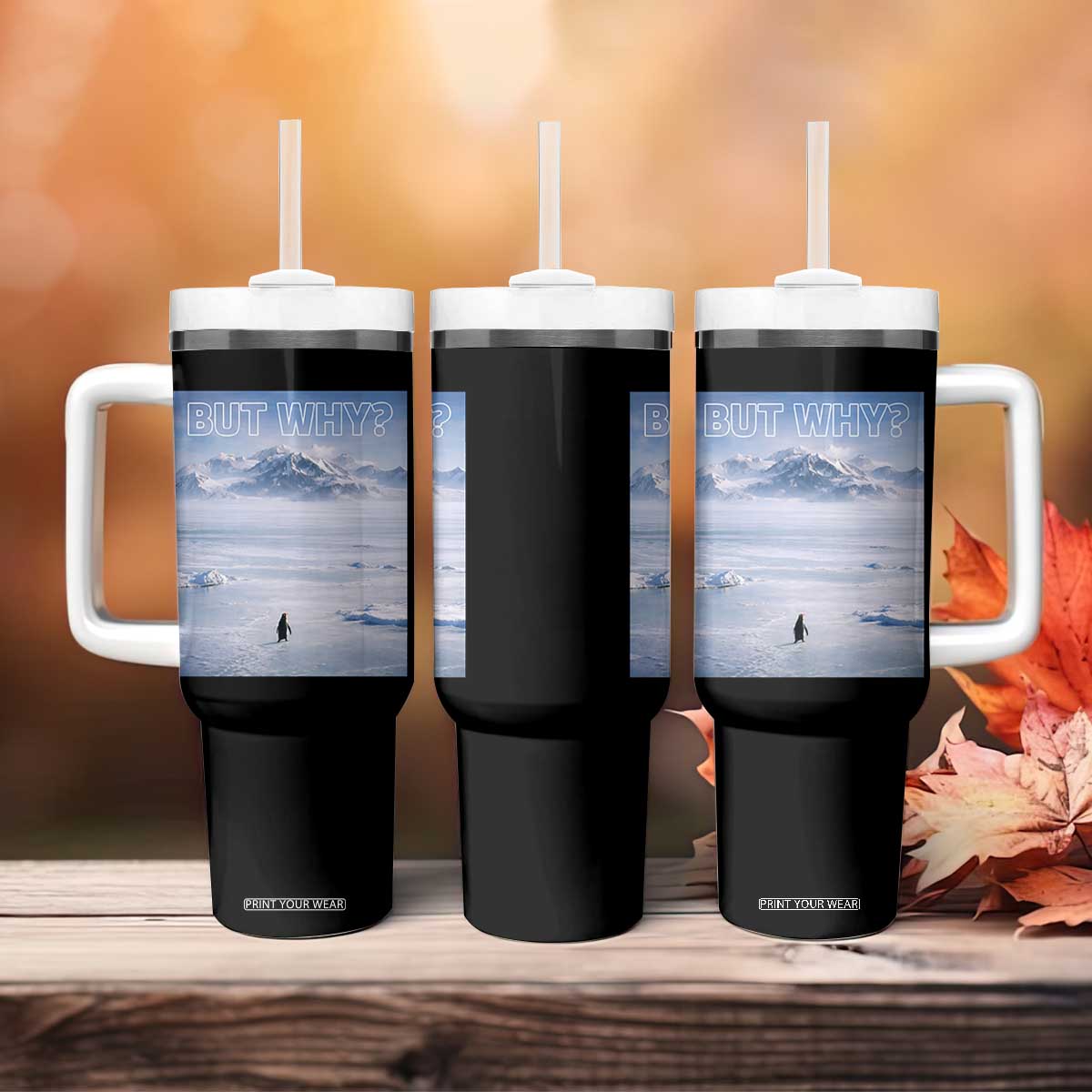 Funny Nihilist Penguin But Why Meme Tumbler With Handle Existential Arctic Scene Icy Wilderness Quiet Thinkers TS02 Print Your Wear