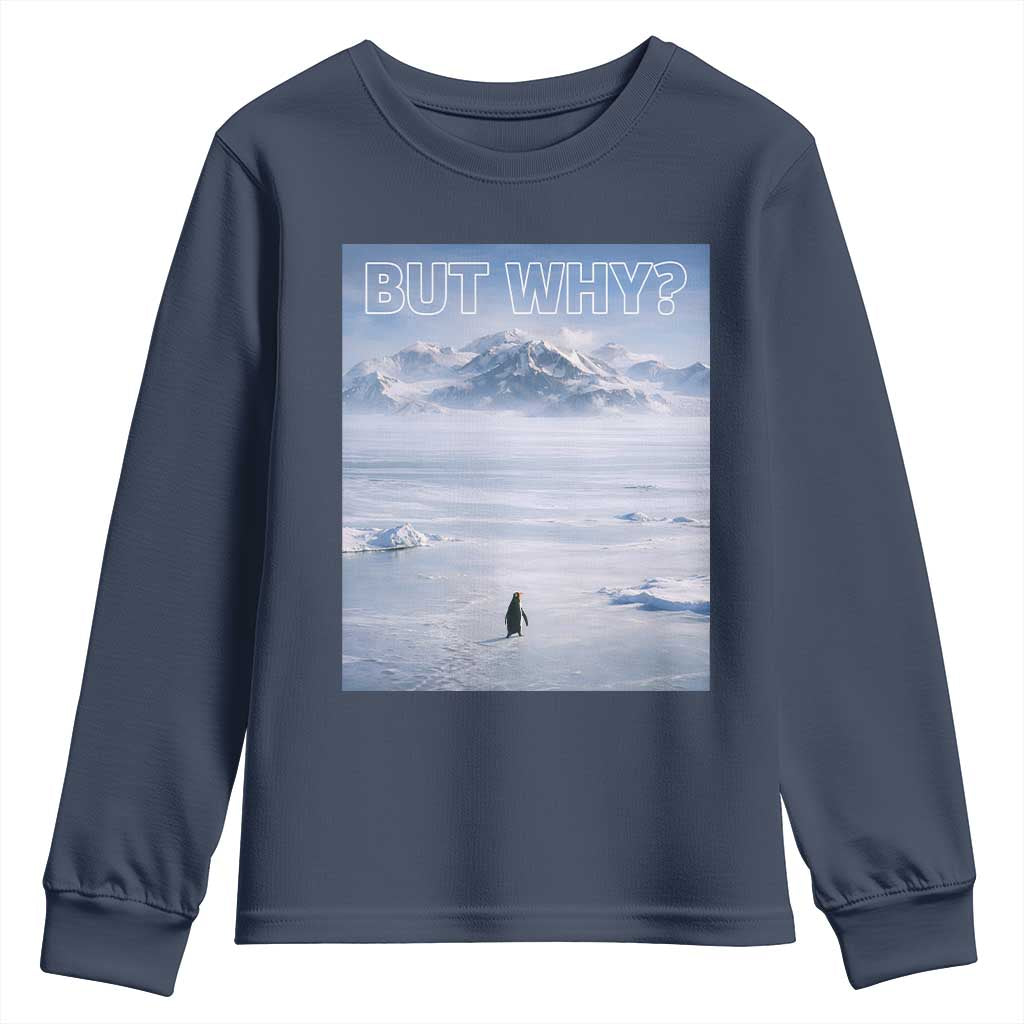 Funny Nihilist Penguin But Why Meme Youth Sweatshirt Existential Arctic Scene Icy Wilderness Quiet Thinkers TS02 Navy Print Your Wear