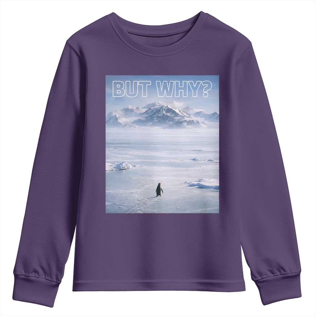 Funny Nihilist Penguin But Why Meme Youth Sweatshirt Existential Arctic Scene Icy Wilderness Quiet Thinkers TS02 Purple Print Your Wear
