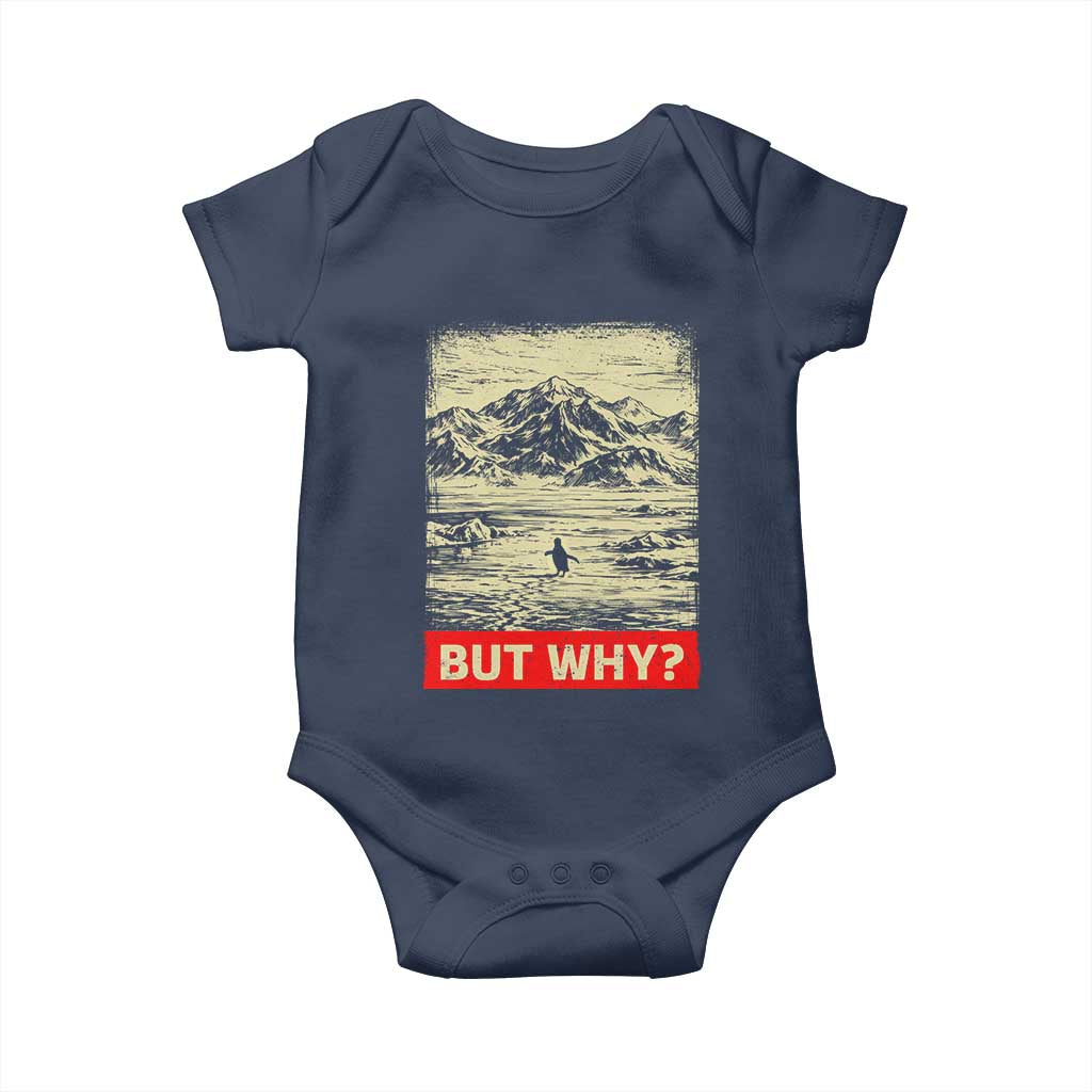 Retro Nihilist Penguin But Why Meme Baby Onesie Distressed Existential Moody Vintage Quiet Thinkers TS02 Navy Print Your Wear