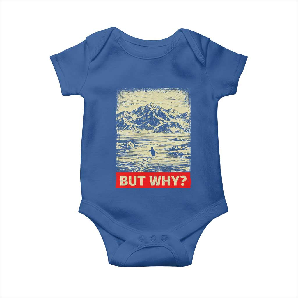 Retro Nihilist Penguin But Why Meme Baby Onesie Distressed Existential Moody Vintage Quiet Thinkers TS02 Royal Blue Print Your Wear