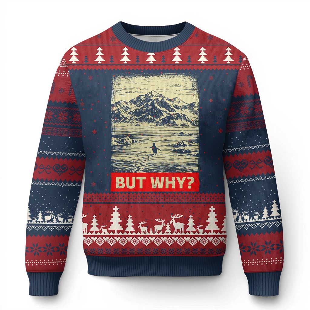 Retro Nihilist Penguin But Why Meme Ugly Christmas Sweater Distressed Existential Moody Vintage Quiet Thinkers TS02 Navy Red Print Your Wear