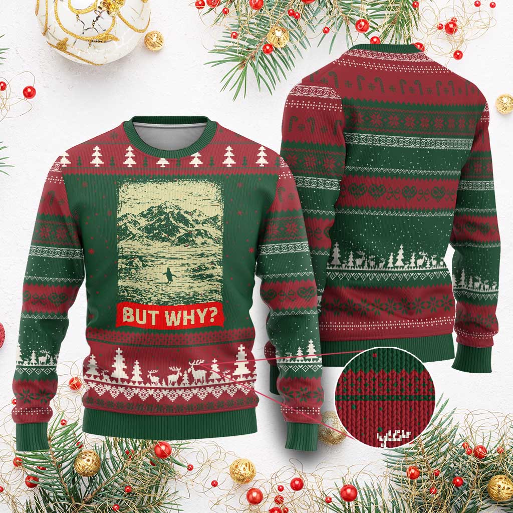 Retro Nihilist Penguin But Why Meme Ugly Christmas Sweater Distressed Existential Moody Vintage Quiet Thinkers TS02 Red Green Print Your Wear