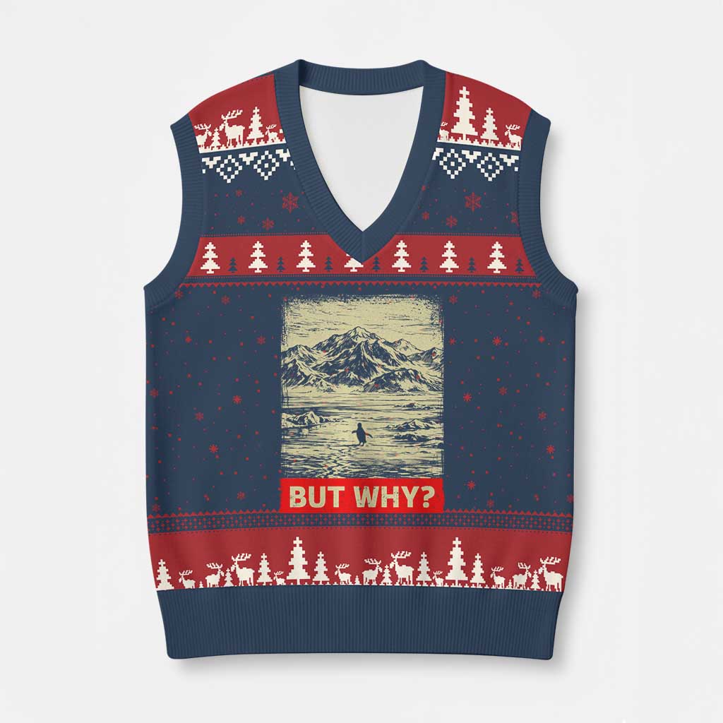 Retro Nihilist Penguin But Why Meme V-Neck Knit Sweater Vest Distressed Existential Moody Vintage Quiet Thinkers TS02 Navy Red Print Your Wear