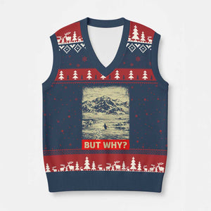Retro Nihilist Penguin But Why Meme V-Neck Knit Sweater Vest Distressed Existential Moody Vintage Quiet Thinkers TS02 Navy Red Print Your Wear