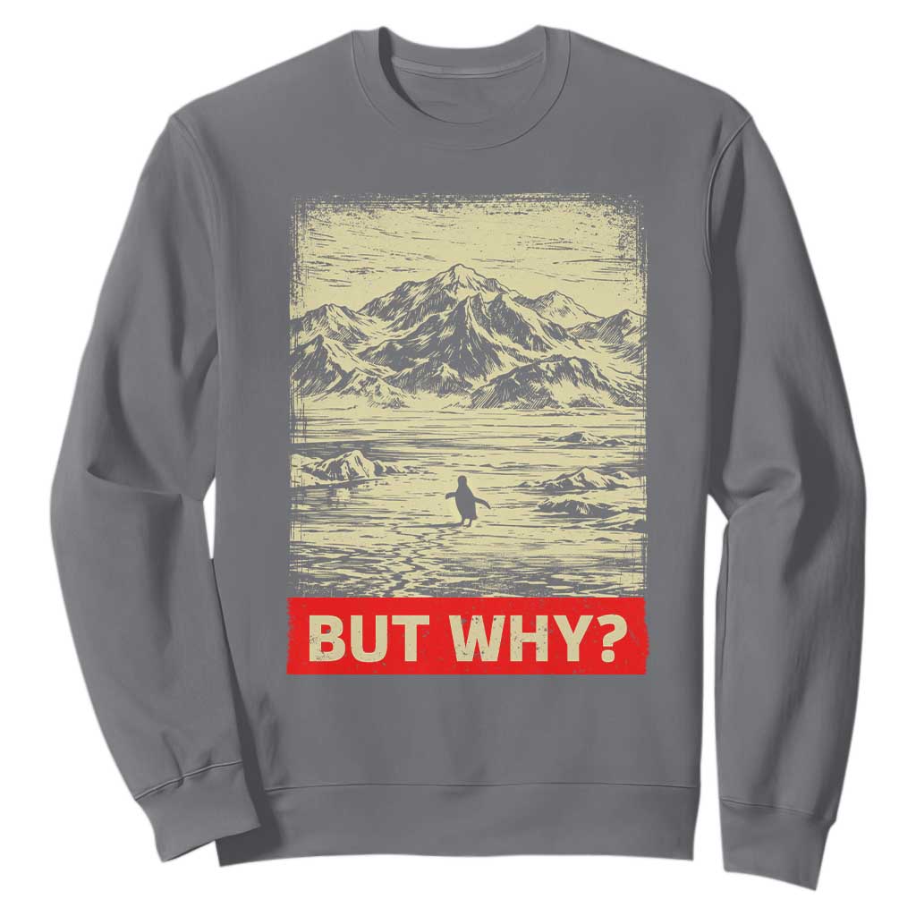 Retro Nihilist Penguin But Why Meme Sweatshirt Distressed Existential Moody Vintage Quiet Thinkers TS02 Charcoal Print Your Wear