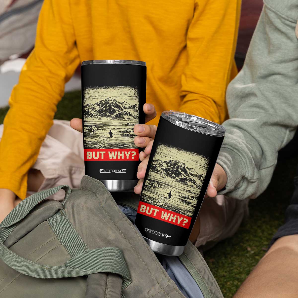 Retro Nihilist Penguin But Why Meme Tumbler Cup Distressed Existential Moody Vintage Quiet Thinkers TS02 Print Your Wear