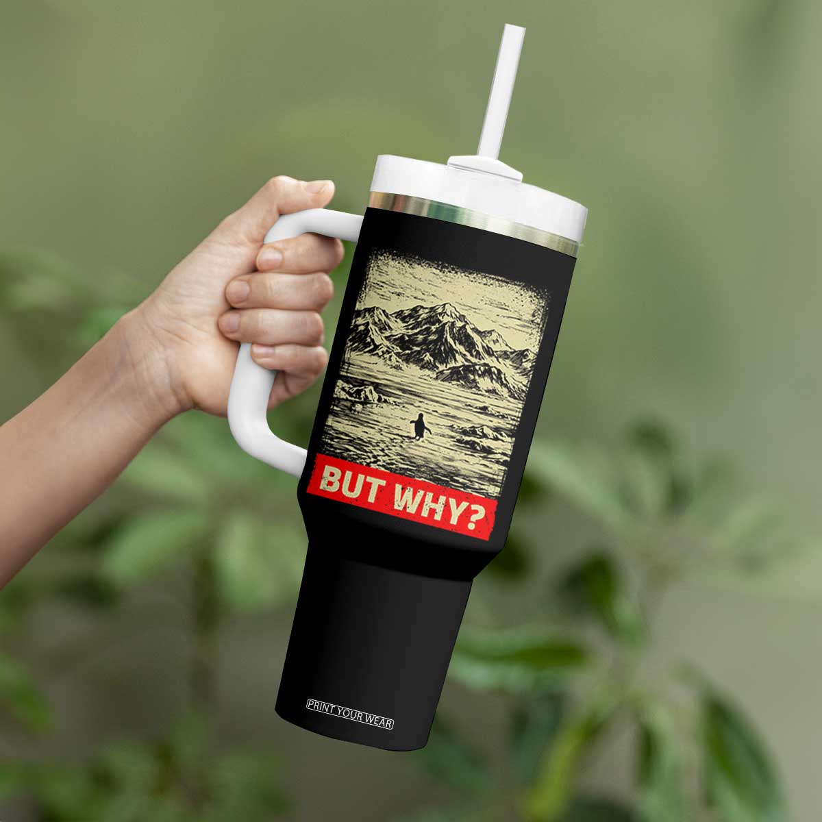 Retro Nihilist Penguin But Why Meme Tumbler With Handle Distressed Existential Moody Vintage Quiet Thinkers TS02 Print Your Wear