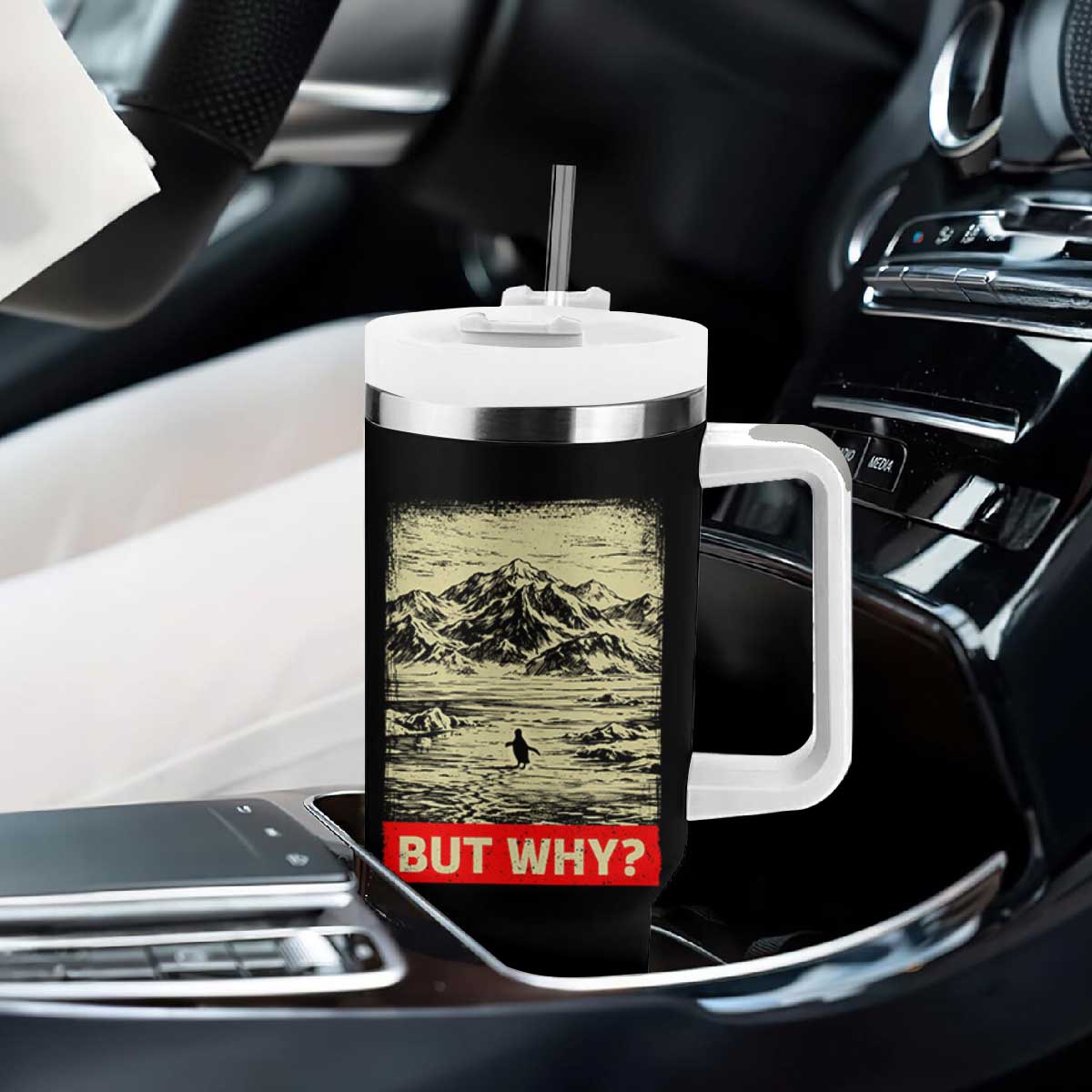 Retro Nihilist Penguin But Why Meme Tumbler With Handle Distressed Existential Moody Vintage Quiet Thinkers TS02 Print Your Wear