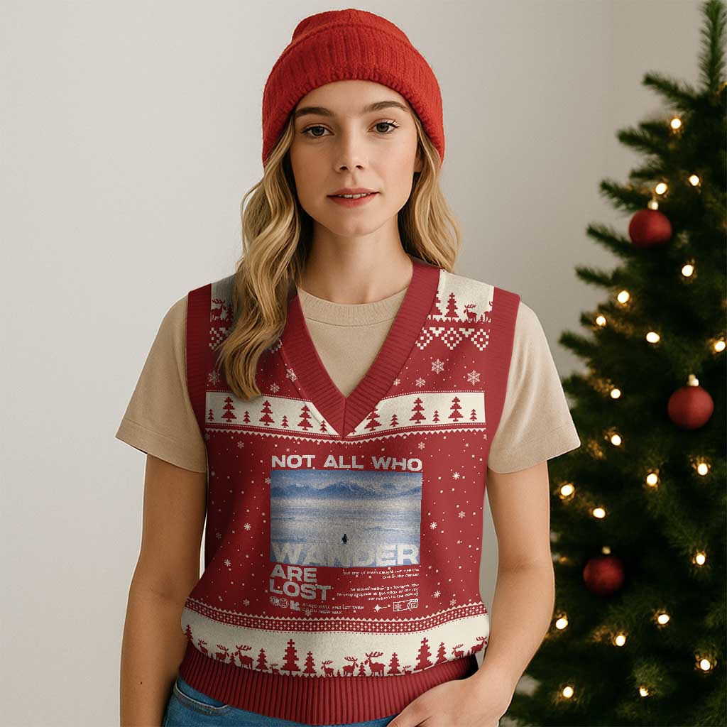 Not All Those Who Wander Are Lost Nihilist Penguin V-Neck Knit Sweater Vest Existential Deep Emotional Meme Deep Thinkers TS02 Red Beige Print Your Wear