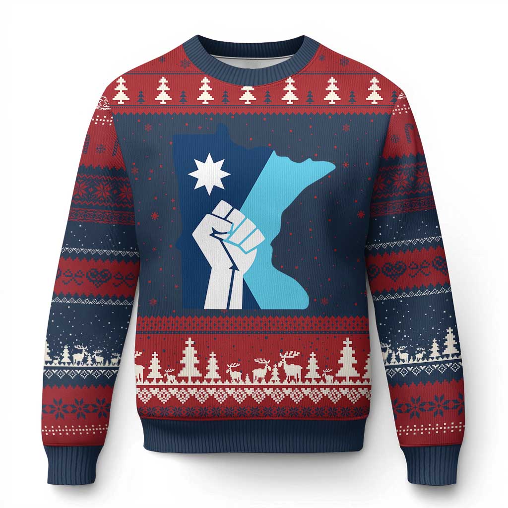 Minnesota Strong Fist Power Graphic Ugly Christmas Sweater Social Justice Solidarity TS02 Navy Red Print Your Wear