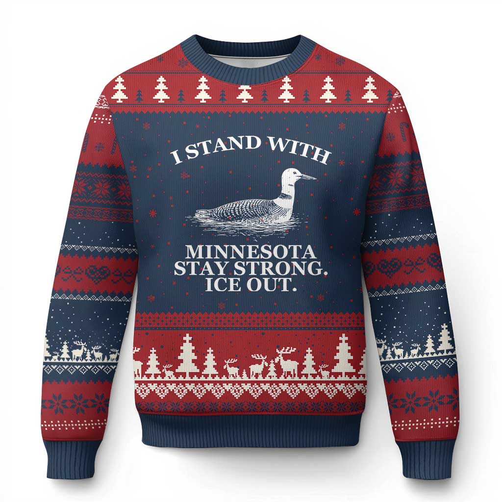 I Stand With Minnesota Resist Loon Ugly Christmas Sweater Stay Strong Ice Out Protest TS02 Navy Red Print Your Wear