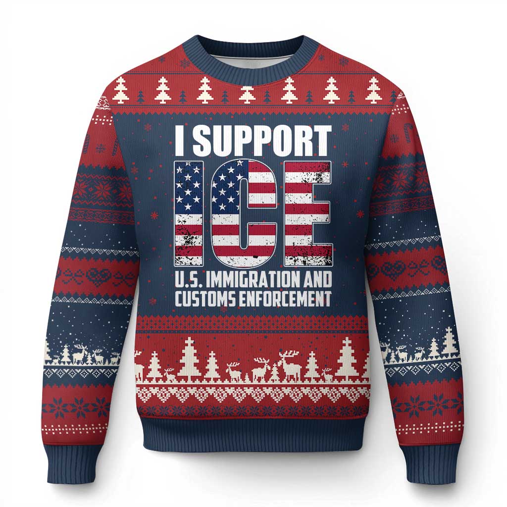 I Support ICE Patriotic Law Enforcement American Flag Ugly Christmas Sweater TS02 Navy Red Print Your Wear