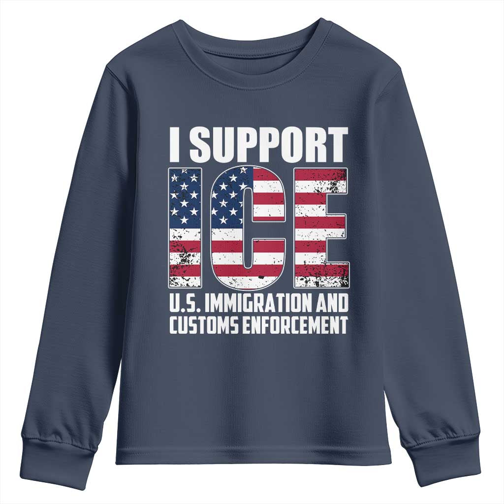 I Support ICE Patriotic Law Enforcement American Flag Youth Sweatshirt TS02 Navy Print Your Wear