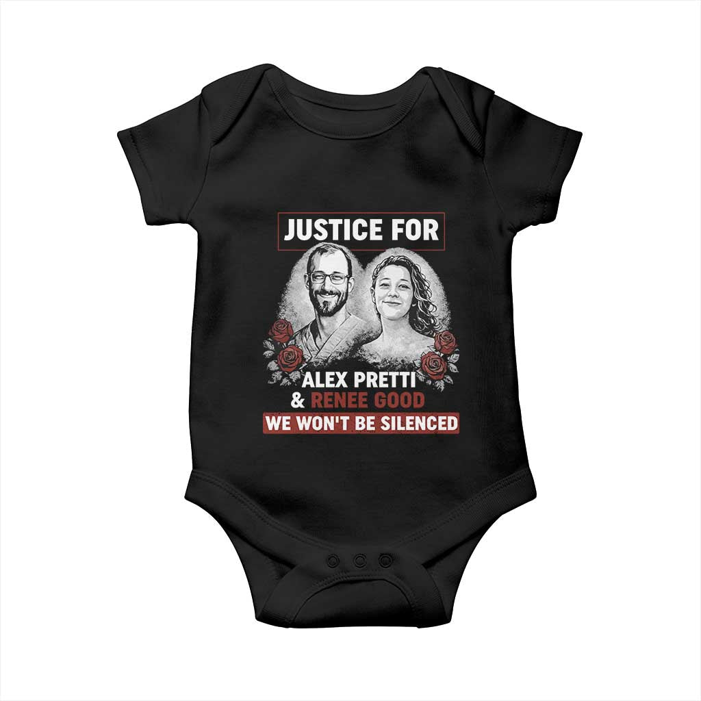 Justice for Alex Pretti and Renee Good Baby Onesie We Won’t Be Silenced Minnesota Resistance Protest TS02 Black Print Your Wear