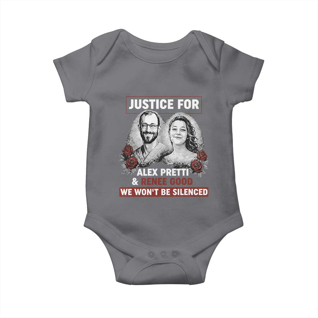 Justice for Alex Pretti and Renee Good Baby Onesie We Won’t Be Silenced Minnesota Resistance Protest TS02 Charcoal Print Your Wear