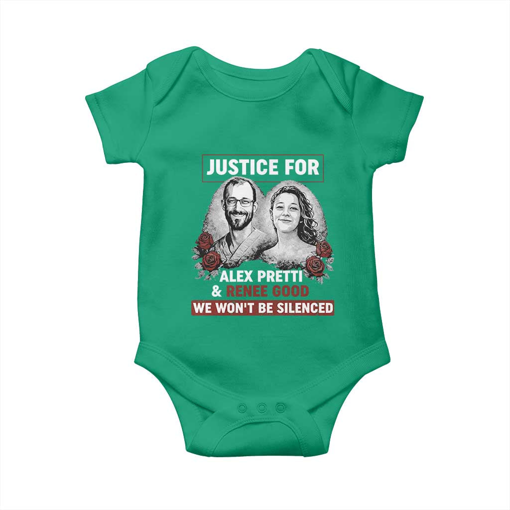 Justice for Alex Pretti and Renee Good Baby Onesie We Won’t Be Silenced Minnesota Resistance Protest TS02 Irish Green Print Your Wear