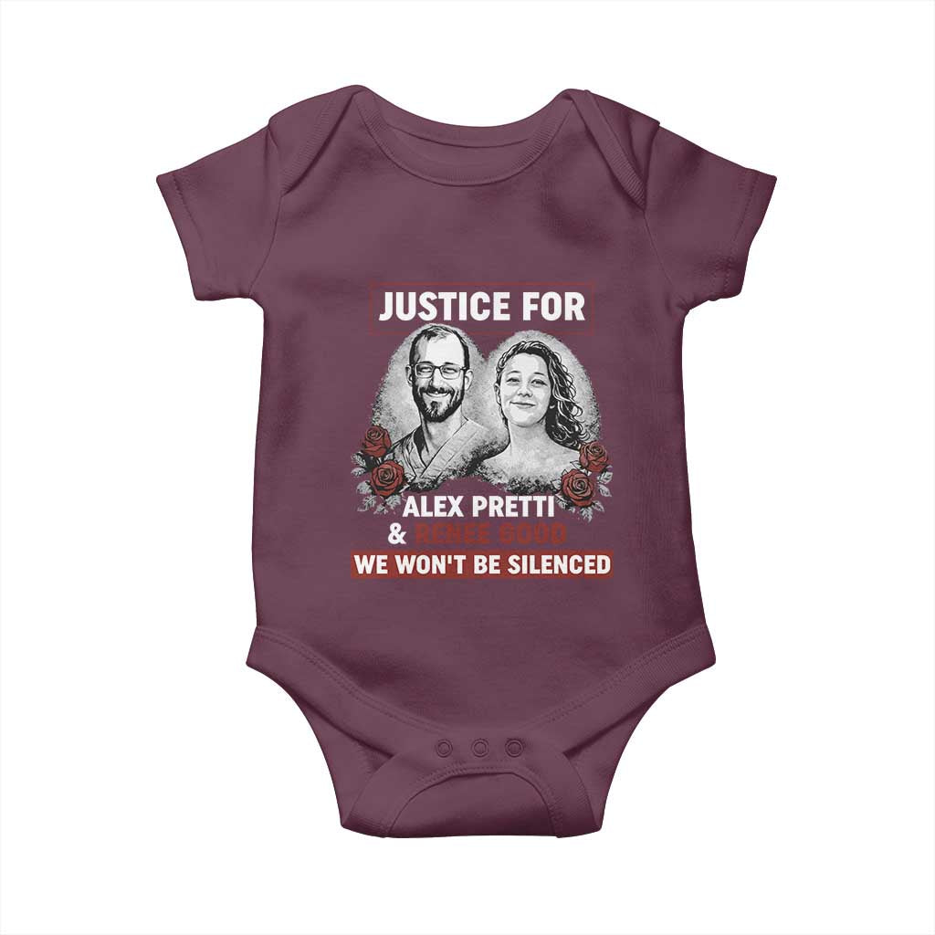 Justice for Alex Pretti and Renee Good Baby Onesie We Won’t Be Silenced Minnesota Resistance Protest TS02 Maroon Print Your Wear