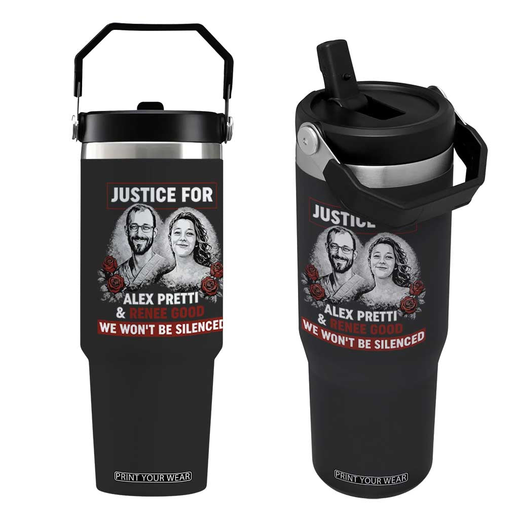 Justice for Alex Pretti and Renee Good Flip Straw Tumbler We Won’t Be Silenced Minnesota Resistance Protest TS02 One Size: 30 oz Black Print Your Wear