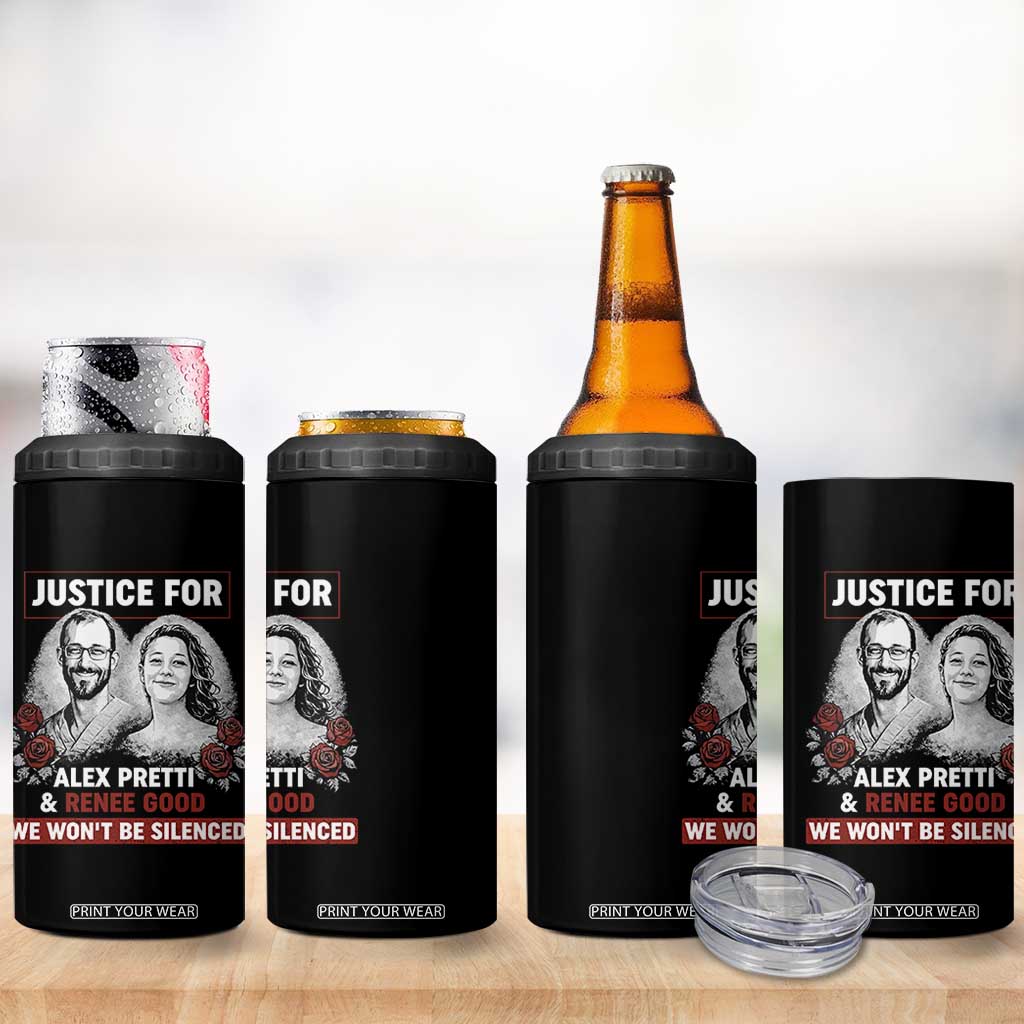 Justice for Alex Pretti and Renee Good 4 in 1 Can Cooler Tumbler We Won’t Be Silenced Minnesota Resistance Protest TS02 Print Your Wear