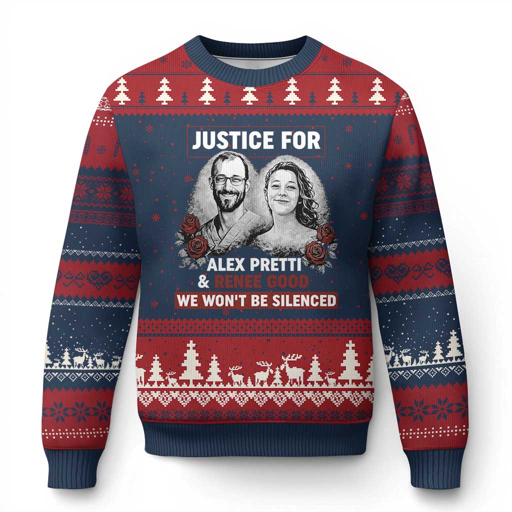 Justice for Alex Pretti and Renee Good Ugly Christmas Sweater We Won’t Be Silenced Minnesota Resistance Protest TS02 Navy Red Print Your Wear