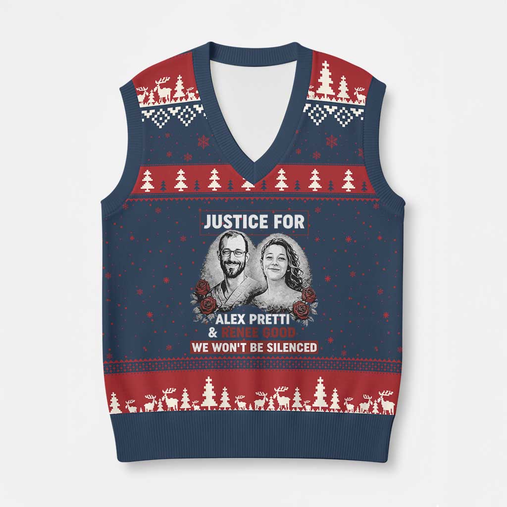 Justice for Alex Pretti and Renee Good V-Neck Knit Sweater Vest We Won’t Be Silenced Minnesota Resistance Protest TS02 Navy Red Print Your Wear