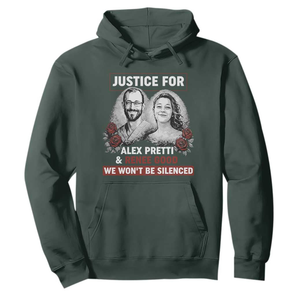 Justice for Alex Pretti and Renee Good Hoodie We Won’t Be Silenced Minnesota Resistance Protest TS02 Dark Forest Green Print Your Wear