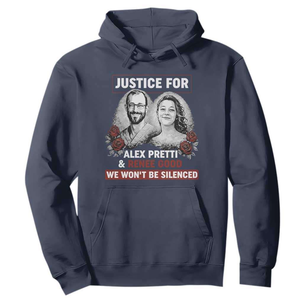 Justice for Alex Pretti and Renee Good Hoodie We Won’t Be Silenced Minnesota Resistance Protest TS02 Navy Print Your Wear