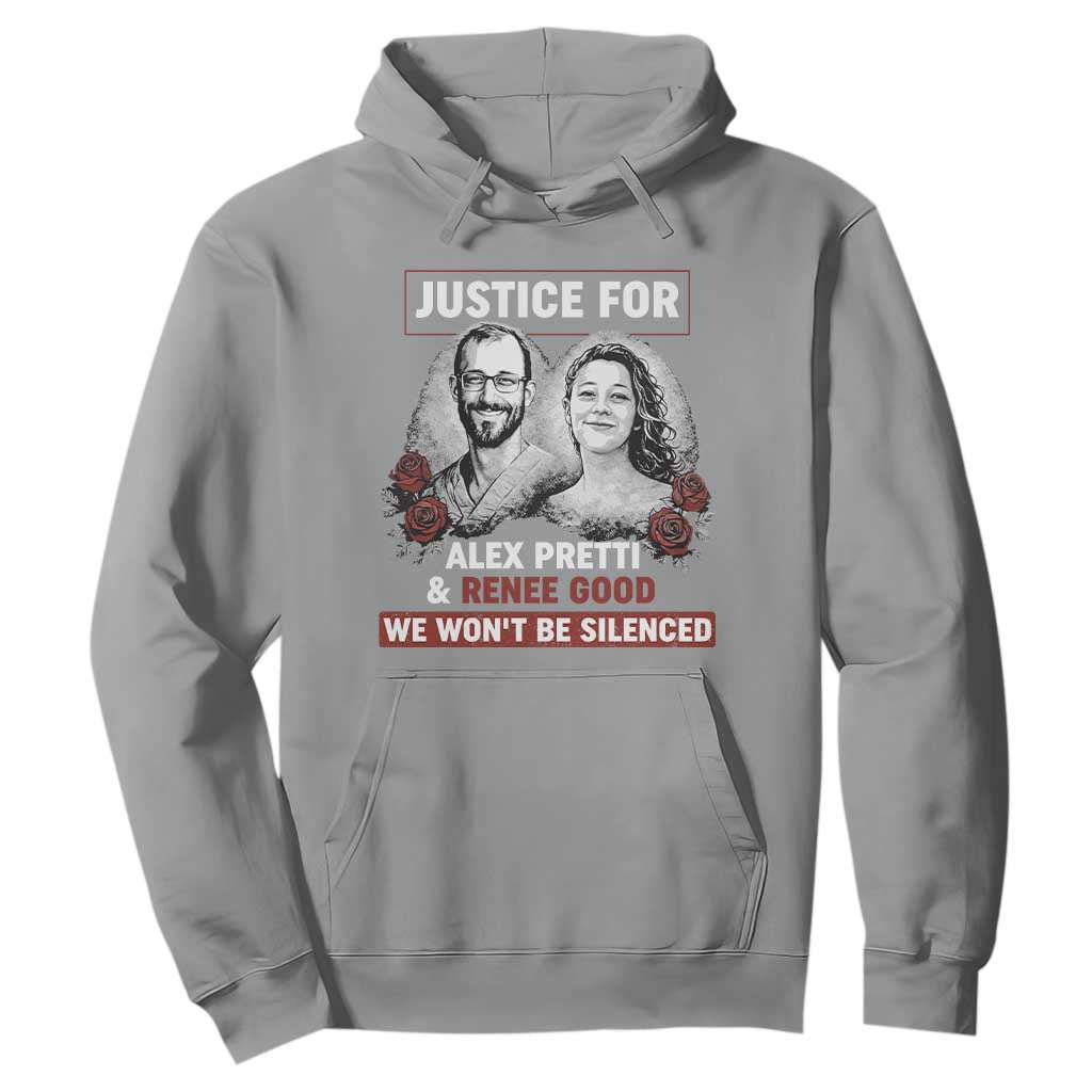 Justice for Alex Pretti and Renee Good Hoodie We Won’t Be Silenced Minnesota Resistance Protest TS02 Sport Gray Print Your Wear