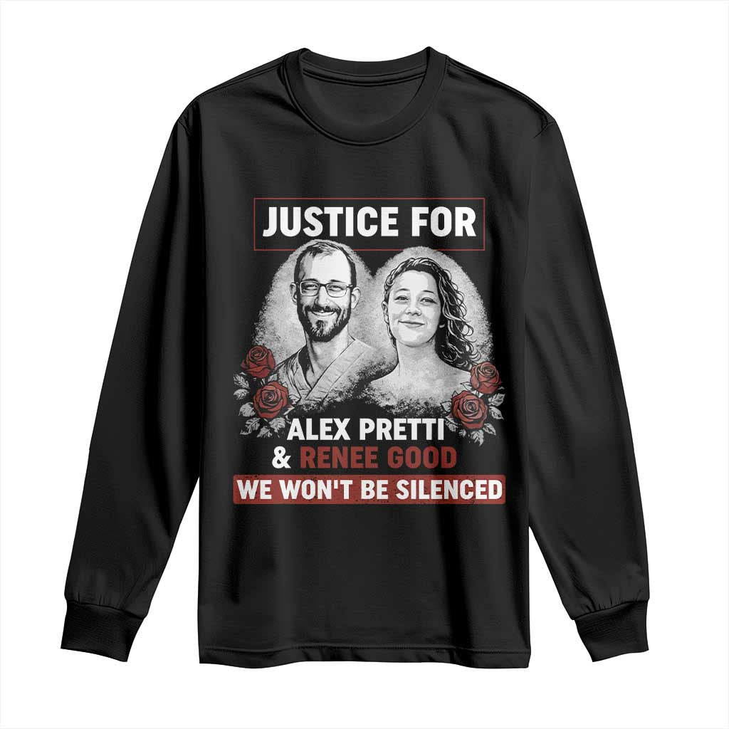 Justice for Alex Pretti and Renee Good Long Sleeve Shirt We Won’t Be Silenced Minnesota Resistance Protest TS02 Black Print Your Wear
