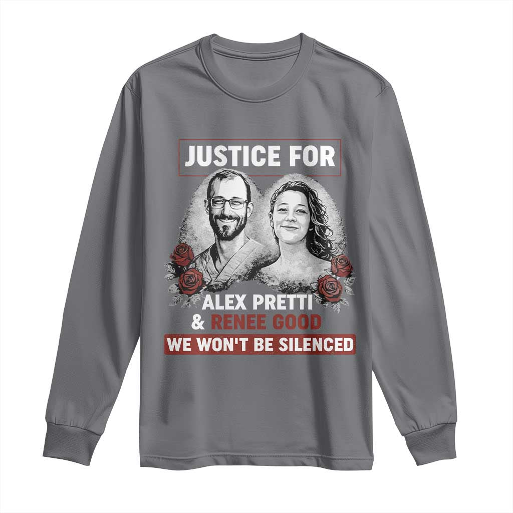 Justice for Alex Pretti and Renee Good Long Sleeve Shirt We Won’t Be Silenced Minnesota Resistance Protest TS02 Charcoal Print Your Wear
