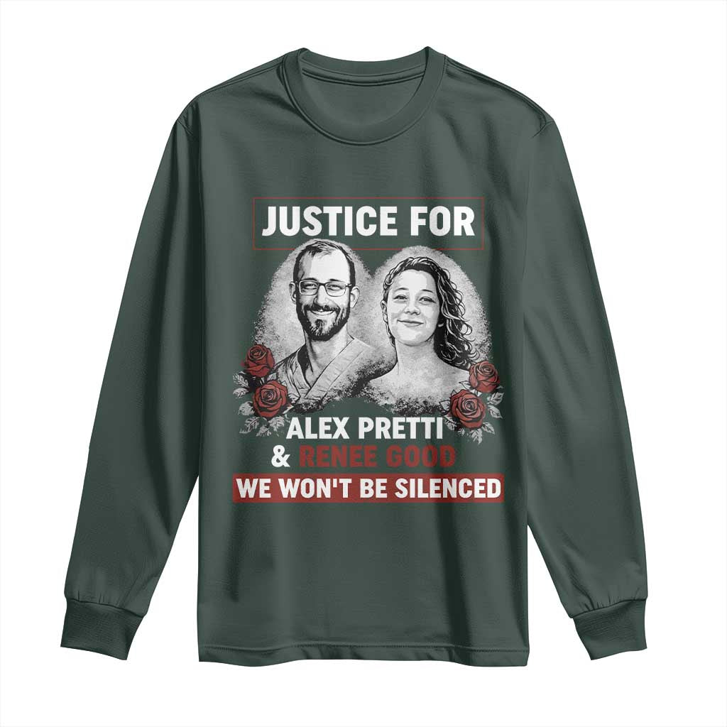 Justice for Alex Pretti and Renee Good Long Sleeve Shirt We Won’t Be Silenced Minnesota Resistance Protest TS02 Dark Forest Green Print Your Wear