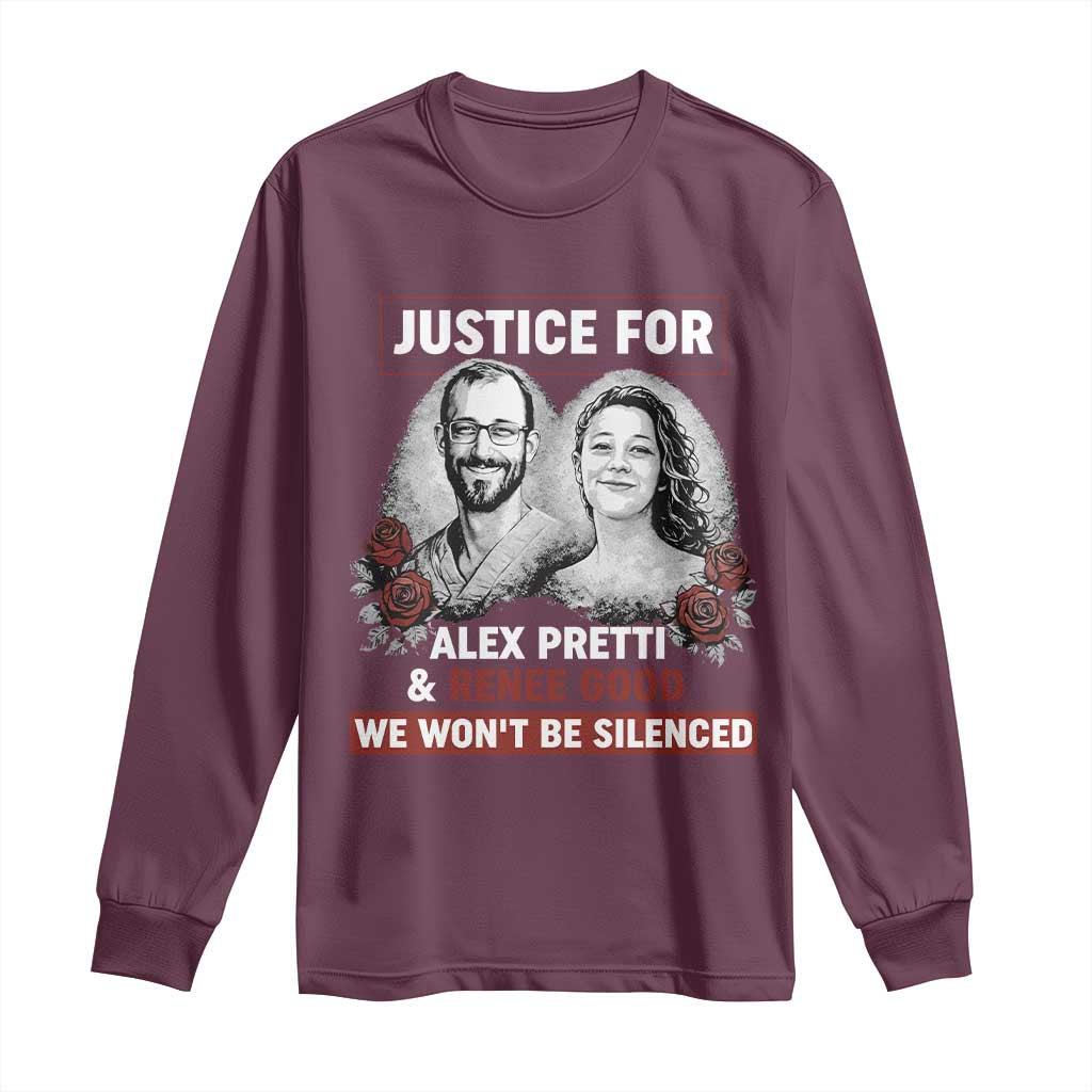 Justice for Alex Pretti and Renee Good Long Sleeve Shirt We Won’t Be Silenced Minnesota Resistance Protest TS02 Maroon Print Your Wear