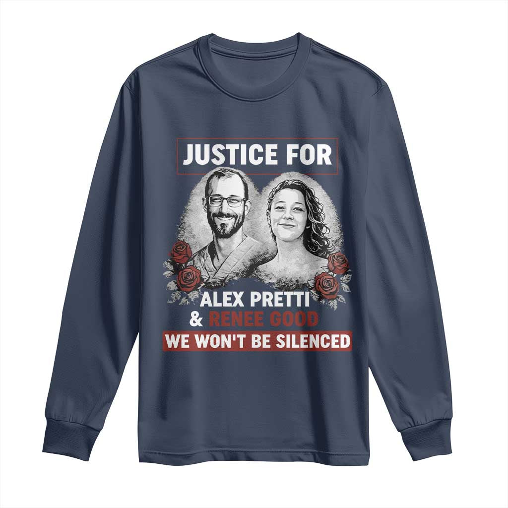 Justice for Alex Pretti and Renee Good Long Sleeve Shirt We Won’t Be Silenced Minnesota Resistance Protest TS02 Navy Print Your Wear