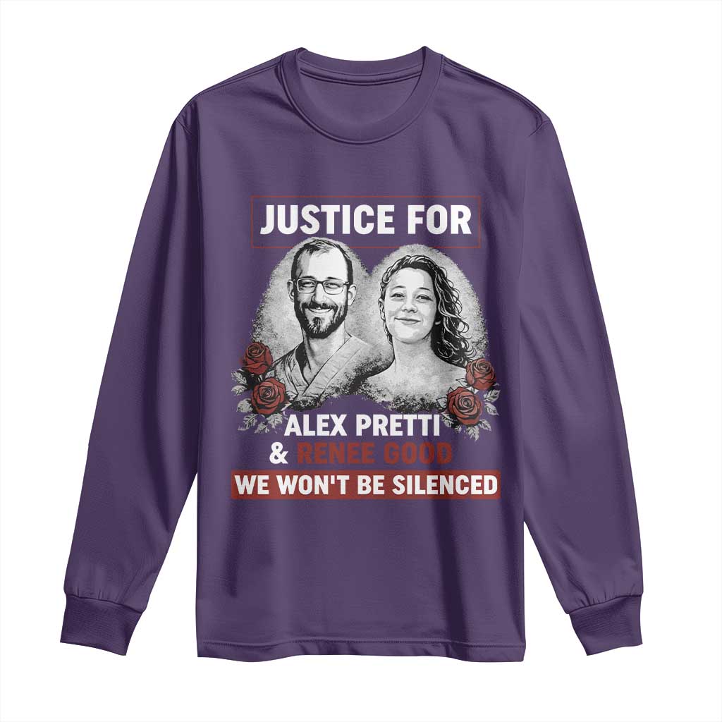 Justice for Alex Pretti and Renee Good Long Sleeve Shirt We Won’t Be Silenced Minnesota Resistance Protest TS02 Purple Print Your Wear