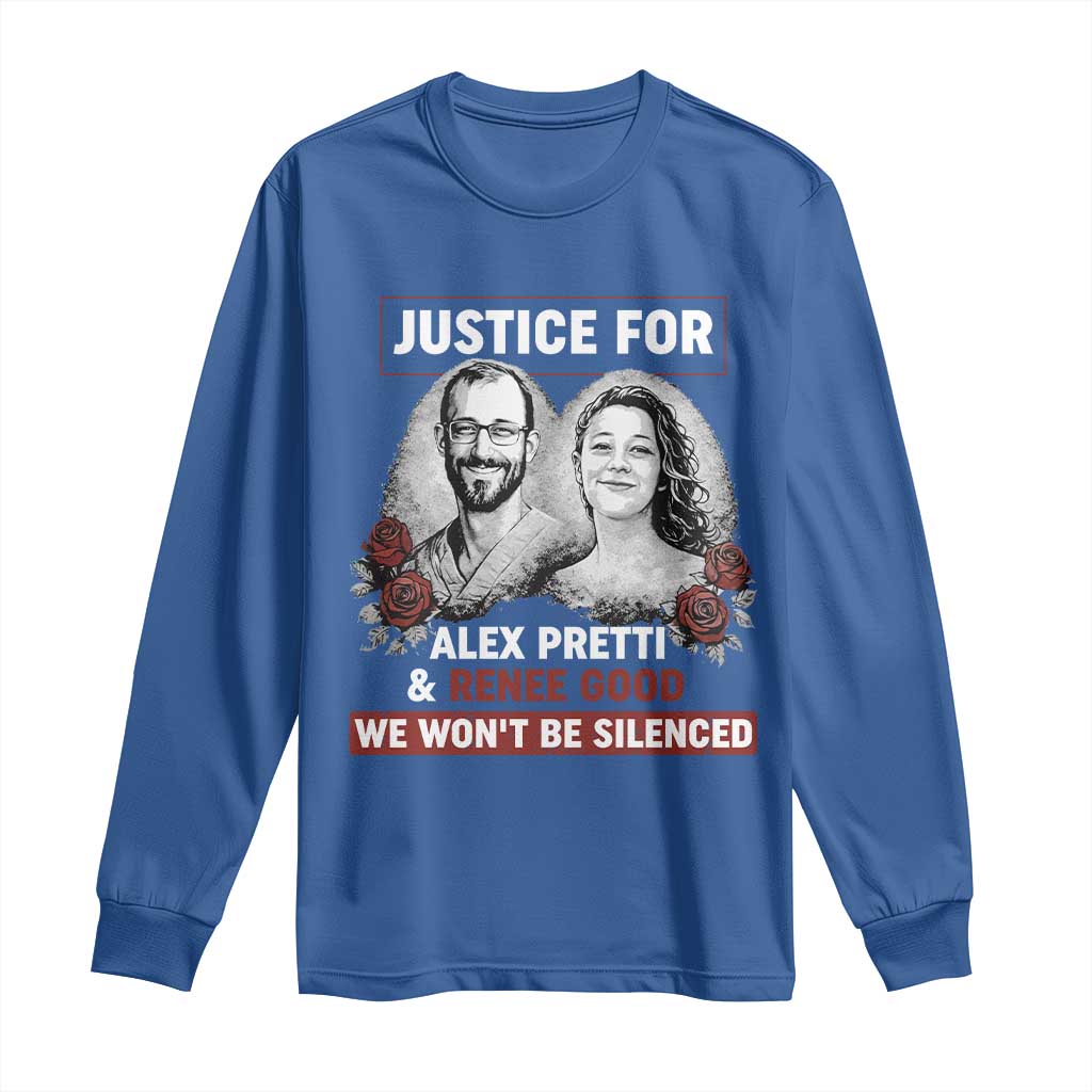 Justice for Alex Pretti and Renee Good Long Sleeve Shirt We Won’t Be Silenced Minnesota Resistance Protest TS02 Royal Blue Print Your Wear