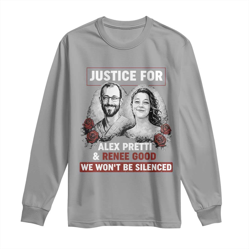 Justice for Alex Pretti and Renee Good Long Sleeve Shirt We Won’t Be Silenced Minnesota Resistance Protest TS02 Sport Gray Print Your Wear